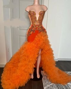 Оранжевые платья для выпускного вечера для женщин, роскошные вечерние платья с бриллиантами, с прозрачным вырезом и оборками, Vestidos De Gala, вечернее платье 2024