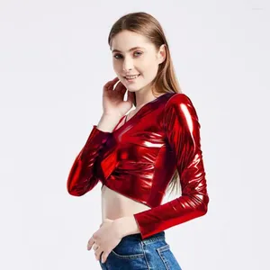Women's Blouses Women Top V Neck Faux Leather Pullover Blouse For Slim Fit Performance Dance With Long Sleeve Breathable Soft Material