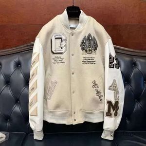 Off White Jacket AC Milans Off Brand High-end Płaszcz Mężczyźni i kobiety OW Ow Heavy Industry Hafted wełniane skórzane rękawy Bombe 4193 8614