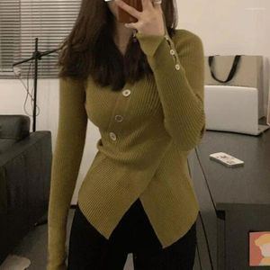 Women's Blouses Women Long Sleeve Top Stylish V-neck Button Decor Knitted Sweater With Irregular Split Design Soft Elastic For Fall