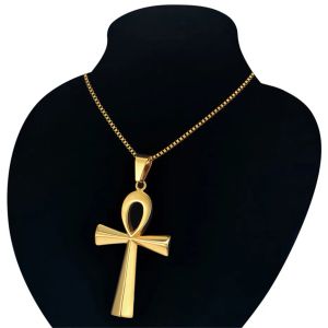 Egyptian Ankh Cross Pendant Necklace For Woman/Men The Key Of Life Golden Color 14k Yellow Gold Egypt Hieroglyphics Jewelry