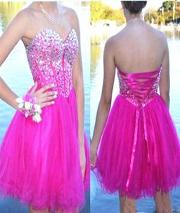Sparkly Crystals Fuschia Homecoming Dress Sweetheart Lace Up Back Tulle Short Prom Dresses Cocktail Party Gowns Vestido Curto Cust6250956