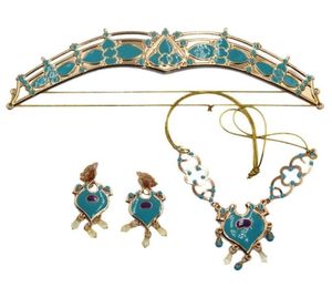 Earrings Necklace Women Jasmine Royal Crown Headband Pendant Jewelry Set Teal Dress Up Princess Adults Kids Costume Kit9183521