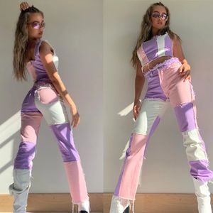 Fashion Women High Waist street wear hip hop Straight trousers patchwork design button fly casual female Pants