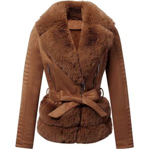 Women's Velvet Jacket Motorcycle Short With Detachable Belt Padded and Thickened Leather Coat Autumn and Winter Biker Lamb Fur Loose 8ENFM