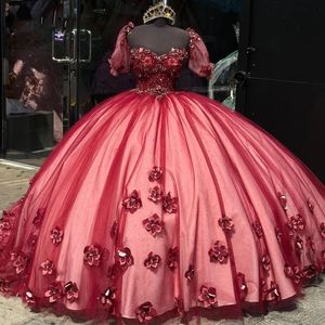 Czerwone sukienki Quincenara z 3D Floral Applique Sweetheart Vestidos de 15 Quinceanera Shinny konkurs