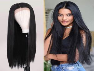 Doğal ipeksi düz sentetik dantel ön uzun tam peruklar yüksek sıcaklıkta elyaf dantel 10 insan saçı dantel peruk moda siyah kadınlar4998937