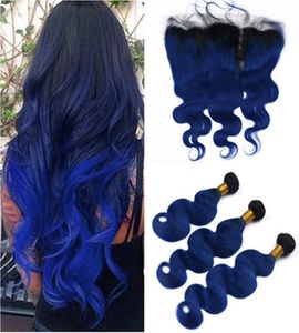 Preto e azul escuro ombre onda do corpo malaio tecer cabelo humano pacotes com 13x4 laço completo frontal 1bblue ombre cabelo virgem exte3848427