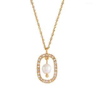 Pendant Necklaces Delicate Natural Freshwater Pearl Zircon Oval 18K Gold Plated Waterproof High Quality Necklace For Women Girls