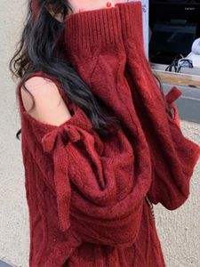 Maglioni da donna Inverno Natale Caldo maglione Kawaii Donna Rosso con spalle scoperte Solido maglione dolce Donna Coreana Anno della moda Top in maglia ampia