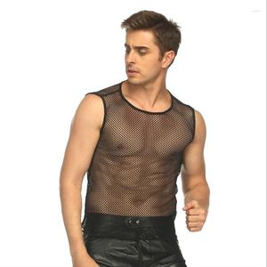 Homens camisetas Mens Sexy Crop Tops See-through Malha Fitness Camiseta Nightclub Fishnet Muscle Net Tecido Oco Out T-shirt Colete Clubwear