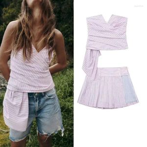 Arbetsklänningar Sexig fashon randiga shorts sätter 2024 rosa asymmetriska tank tops och hög midja lapptäcke minikjol för kvinnlig klänning