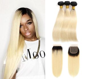 Two Tone 1B 613 Ombre Straight Virgin Hair Bundles With 4x4 Part Lace Closure Brazilian Peruvian Malaysian Human Hair Weaves 4851459