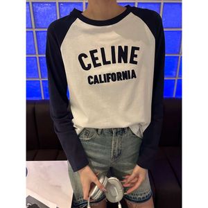 Women's Hoodies & Sweatshirts Ce24 Early Autumn Shoulder Block Color T-shirt for Fashion Versatile Blue White with Classic Letter Embroidery Tee Women