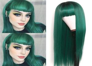 Long Silky reta de reposição sintética de cabelos peruca verde ombre base de seda base full put bangs resistente ao calor Nenhuma perucas de renda moda4692903