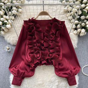 Women's Blouses Women Chic Ruffle V Neck Pleated Tank Top Sexy Korean Fashion Lantern Long Sleeve Crop Summer Blouse