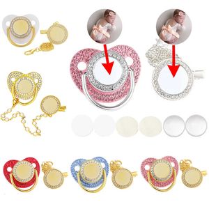 Blank Personlig Baby Pacifier med kedjeklipp täcker lyxig bling zirkon silikon dummy bröstvårtor född gåva 5set/parti 240102