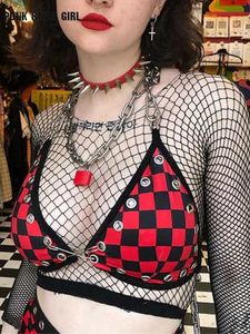 T-Shirt Cyber Punk Halter Crop Top Bra Checkerboard Plaid Crop Tops Backless Eyelet Sexy Camisole Gothic Rave Bikini Y2k Lingerie Hot Bf