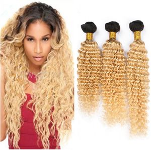 1B 613 OMBRE Blonde Human Hair Bundles Wave Deep Brazilian Bundles Dark Roots Platinum Blonde Curly Virgin Hair Extensions 3pcs LO4178343