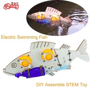 木製の茎のおもちゃパズル電気水泳魚DIYキットアセンブルテクノロジー教育科学実験マッチニカルモデル240102