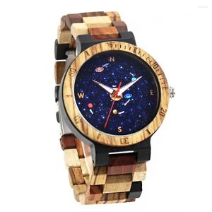 Wristwatches Unique Quartz Men's Wooden Watch Universe Ocean Earth Pattern Stylish Dial Design Multicolor Pure Strap Business Gift