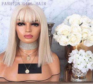 Short Cut 13x4 Bob Lace Front Simulation Human Hair Wig With Bangs Blonde Color Synthetic spets Front Peruks för White Woman5017823