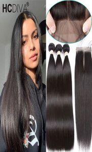 Osso pacotes de cabelo reto com fechamento brasileiro tecer cabelo humano com fechamento de renda remy feixes de cabelo humano 4056522