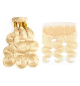 613 Platinum Blonde Body Wave Hair Weave With Lace Frontal Ear To Ear Closure With Bundles Bleach Blonde Brazilian Human Hair Ext1207916