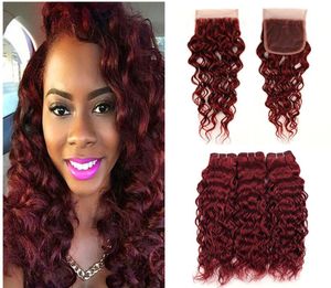 Cheap 99j Hair Water Wave With Lace Closure Wet and Wavy Peruvian Virgin Hair Extension 3 Bundle Deals Burgundy With 4x4 Lace Clos7193756