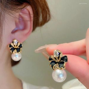 Dangle Earrings Luxury Flower Enamel Ear Studs Drop Oil Black Camellia Bauhinia Pearl Women Korean Style