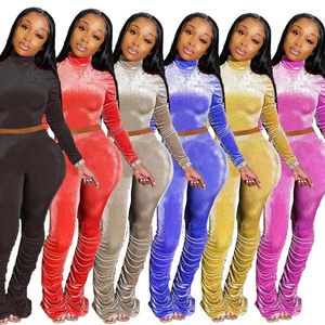 Kvinnors tvåbitar byxor Spring Autumn Fashion Velvet Set Women Tracksuits Hög krage Långärmad pullover -skörd Topp veckad hög av