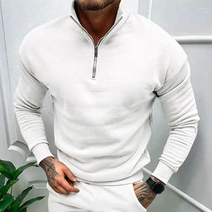 Polos masculinos roupas outono e inverno camisas acolchoadas casuais cor sólida manga comprida com zíper POLO gola alta