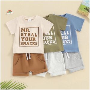 Conjuntos de roupas Lioraitiin Criança Bebê Menino Verão Outfits Casual Redondo Pescoço Manga Curta Carta Imprimir Tops Cintura Elástica Shorts Infantis Otiz2