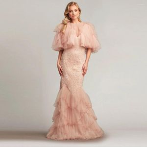 Casual Dresses Elegant Peach Pink Shiny Sequined Mermaid Prom Gowns With Jacket Ruched Tulle Bottom Long Women Maxi To Event Party