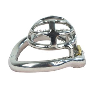 Piccolo dispositivo di castità maschile in acciaio inossidabile Ultimo design Gabbia per cazzi con anello per pene ad arco Giocattoli sessuali per uomini Blocco uretrale Gioco per adulti
