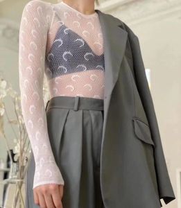 月の印刷された透明なメッシュTシャツセクシーな女性oネック長袖スリムな基本的なカジュアルな女性トップス