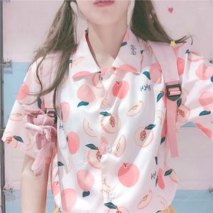 Kvinnors blusar harajuku sommarlovet Hawaii Beach Cute Pink Fruits Peach Button Up Shirt Japan Kawaii Women Girls Large 2xl Tops