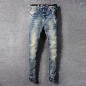 Jeans masculinos rua moda homens retro lavado azul estiramento skinny fit rasgado botões pintados designer hip hop marca calças