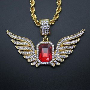 Hip Hop Angel Wings med Big Red Ruby Pendant Halsband för män Kvinnor Iced Out Jewelry177f