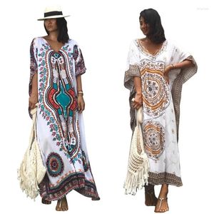 Abbigliamento etnico Africa tribale bohemien stampato caftano spiaggia cotone lunghezza ampia grembiule donna estate beachwear abito lungo mezza manica