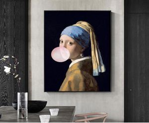 Girl with Pearl Earrings Famous Art Canvas Oil Painting Reproductions Girl Blow Pink Bubbles Wall Art Posters Picture Home Decor1847063