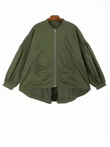 Kadın Ceketleri Gevşek Uygun Yeşil Çizilmiş Büyük Boyut Boy Stand Yakası Fener Kollu Kadınlar Ceket Moda Gelgit Bahar Sonbahar O799