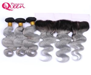 1B Grey Body Wave Ombre Brazilian Virgin Human Hair Bundles 3 Pcs With 13x4 Ear to Ear Lace Frontal With Baby Hair Preplucked1287609