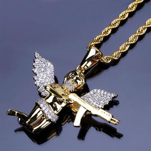 Erkekler Tam Buzlu Rhinestone Kolyeler Aunikestyle Cupid Angel Kolye Hip Hop Küba Zinciri Kolye Erkek Mikro Pave222V için Altın Takı