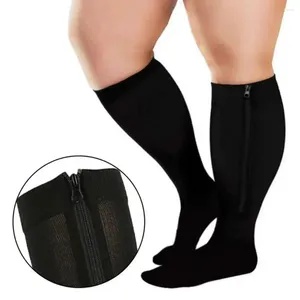 Mulheres meias meias de compressão esportes pressão longo ciclismo veia profissional varicosa zíper suporte perna grossa r0o1
