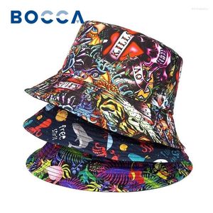 Berets Bocca 2024 Cartoon Bucket Hat Graffiti Panama Fisherman Hats Men Women Skull Letter Print Double Sides Hip Hop Summer Sun Cap