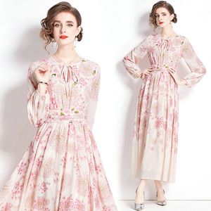 Boutique Women Printed Dress Long Sleeve Floral Dress 2024 Spring Autumn Printed Bow Dress High-End Temperament Lad Long Dresses Party Runway Dresses