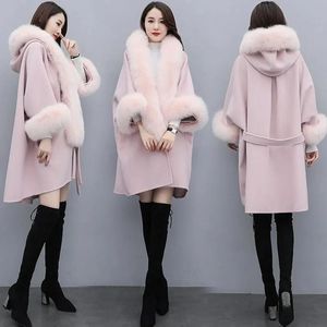 Jackor rosa ulltygrock poncho kvinnor vinter huva stor päls krage damer mantel jacka mode rashes cape manteau femme hiver