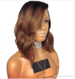 Ombre cor onda curta frente do laço perucas de cabelo humano com cabelo do bebê pré arrancado virgem brasileiro bob corte nós descorados 9903500