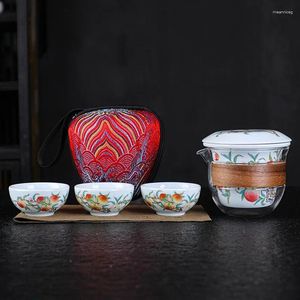 Teaware Sets Travel Tea Set Peach Pattern Ceramic Portable With Carring Cases Teapot Small Filter Luxury